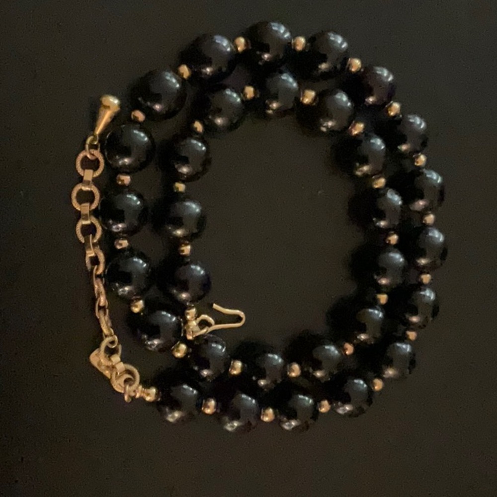 Monet Black Bead Gold Bead Necklace Signed Vintage Gold tone